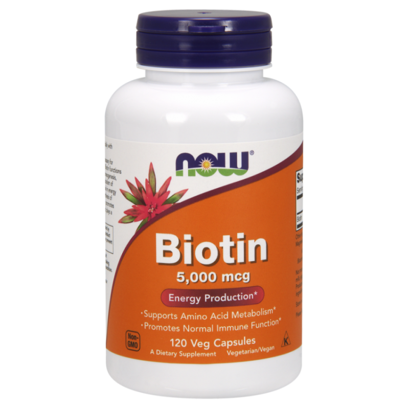 Now Foods, Біотин, 5000 мкг, 120 капсул у рослинній оболонці.