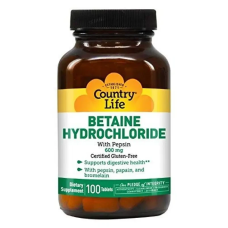 Country Life, Бетаїна гідрохлорид із пепсином, 600 мг, 100 таблеток