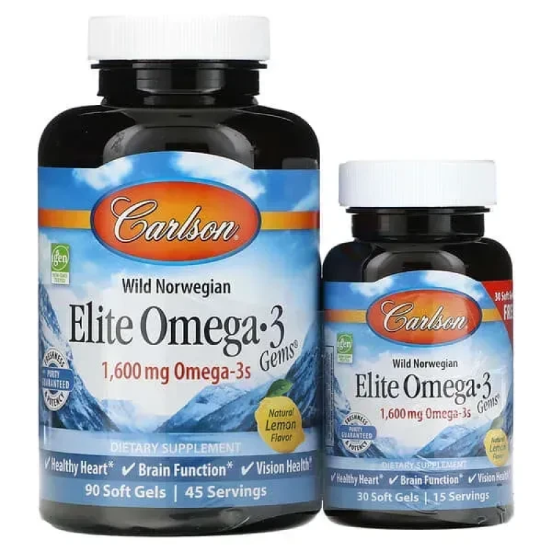 Carlson, Elite Omega-3, омега-3 кислоти з норвезької риби дикого улову, лимонний смак, 1600 мг, 120 капсул