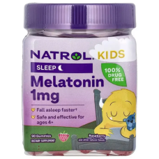 Natrol, Kids, жувальна добавка з мелатоніном, для дітей від 4 років, з малиновим смаком, 1 мг, 90 жувальних