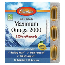 Carlson, Maximum Omega 2000, омега кислоти, натуральний лимонний смак, 30 капсул (1000 мг у капсулі)
