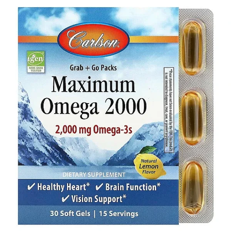 Carlson, Maximum Omega 2000, омега кислоти, натуральний лимонний смак, 30 капсул (1000 мг у капсулі)